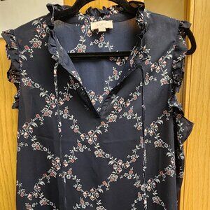 Loft tie neck, ruffle sleeve black and floral top